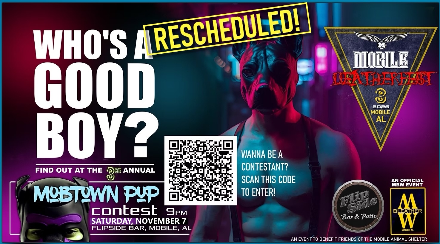 Flyer for Who’s a Good Boy? Mobtown Pup Contest
